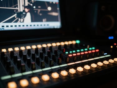 Close-up of color grading console with glowing dials in a dark studio, cinematic screen showing high contrast film still in background