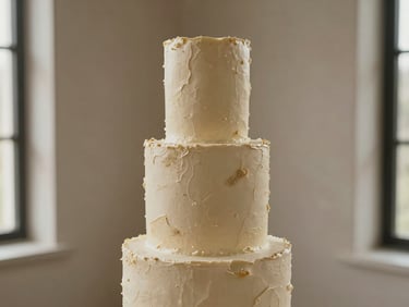 Elegant editorial photography of a three-tiered minimalist wedding cake with textured sandy buttercream, standing alone against a neutral plaster wall, soft side-lit window daylight, warm organic tones, shallow depth of field