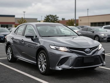 2020 Toyota Camry, dark gray, parked in a transaction lot under natural overcast light, three-quarter front view, journalism style
