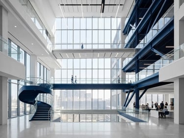 Bright minimalist corporate office atrium with natural light streaming through glass panels, clean architectural lines, deep blue structural accents, high-key lighting