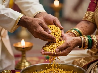 Close-up of traditional South Indian wedding ritual, hands pouring golden talambralu rice over the bride and groom, warm temple lighting, brass lamps in the soft background