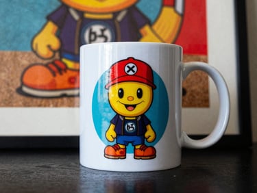Close-up flatlay of a Mythic Toons coffee mug with a vibrant character design, next to a textured art print, studio lighting.