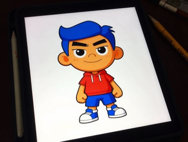 A sneak peek of a new Mythic Toons character design on a screen, surrounded by art supplies, high-contrast studio lighting, bold saturated colors, sharp focus, 35mm film style