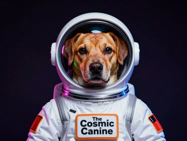 Hochkontrastreiches Porträt von 'The Cosmic Canine', einem Cartoon-Hund in einem Astronautenanzug, vor einem neonbeleuchteten Raumschiff, dynamische Beleuchtung, 35mm Filmstil.