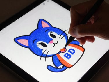 Close-up of an artist's hand sketching a cartoon cat character on a digital tablet, vibrant streetwear product photography, high-contrast studio lighting, bold saturated colors, sharp focus, 35mm film style