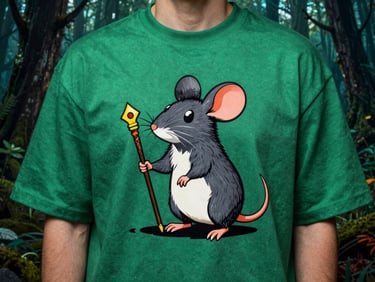 Hochkontrastreiches Porträt von 'The Mystical Mouse', einer Cartoon-Maus mit einem Zauberstab, in einem geheimnisvollen, nebelverhangenen Wald, dynamische Beleuchtung, 35mm Filmstil.