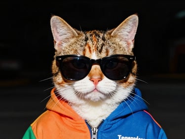 Hochkontrastreiches Porträt von 'The Legendary Cat', einem coolen Cartoon-Kater mit Sonnenbrille, in einem urbanen Streetwear-Editorial-Stil, dynamische Beleuchtung, 35mm Filmstil.