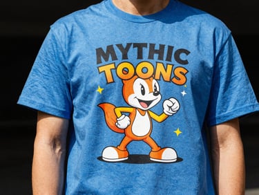 Stylish person wearing a Mythic Toons t-shirt in an urban setting, dynamic low-angle shot, high-contrast studio lighting, bold saturated colors, sharp focus, 35mm film style
