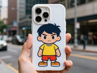 Close-up of a Mythic Toons phone case with a unique character illustration, held in hand, urban background, sharp focus.
