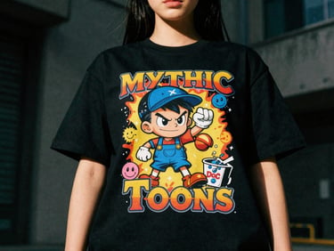 Dynamic low-angle shot of a female model wearing a Mythic Toons t-shirt with a bold character design, urban setting, high-contrast studio lighting, 35mm film style.