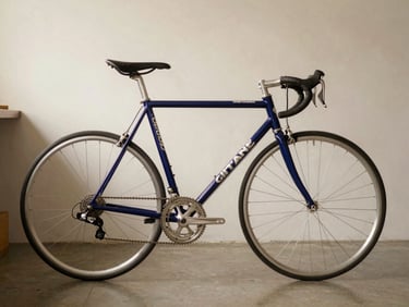 A sleek blue Gitane vintage racing bicycle, immaculate drivetrain, standing in a minimalist workshop space, shallow depth of field, warm tones