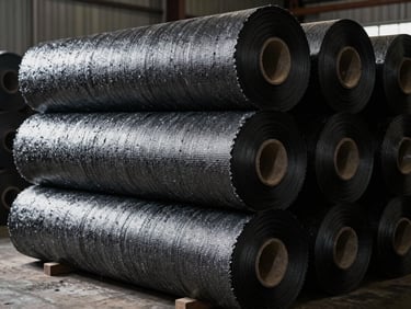 High-contrast industrial daylight shot of heavy-duty geotextile rolls stacked in a manufacturing warehouse, dramatic side-lighting emphasizing the dense fiber texture.