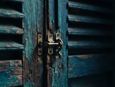 Extreme macro close-up of a miniature weathered wooden window shutter of a 1950s Saigon townhouse, delicate brass latch, soft natural window light casting deep shadows, 35mm photography