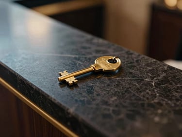 Intimate macro detail of a gold room key resting on a dark marble concierge desk, warm evening light, cinematic 35mm