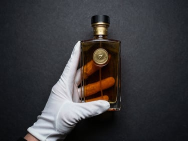 Close-up of a hand in a white glove holding a certificate of authenticity next to an amber liquid bottle, low-key lighting, matte graphite background, cinematic