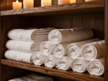 Pristine white rolled linens stacked neatly on a dark teak wood shelf, illuminated by a soft golden candle glow, elegant spa sanctuary, 35mm