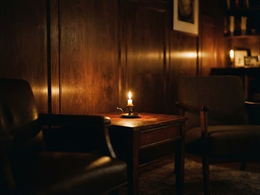 Low-key golden candlelight reflecting off warm dark wood panels in a quiet empty therapy room, shallow depth of field, warm editorial photography, 35mm