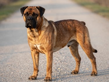 Close-up of a Boerboel showing powerful, balanced forequarters and correct angulation, standing on a clean gravel path, soft golden hour lighting emphasizing muscle definition.