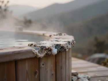 Close-up of mineral-crusted rock edge of a private wooden soaking pool, steam rising softly, muted earth tones