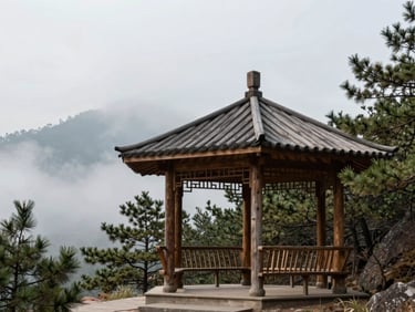 Wide shot of a wooden pavilion nestled among pine trees under an overcast sky, soft mountain mist