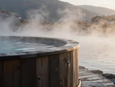 Architectural detail of a dark wood cold plunge pool adjacent to a steaming hot spring, soft morning light