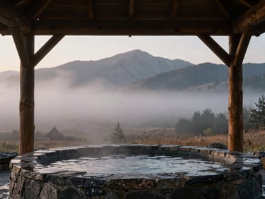 Soft morning mist over a dark stone soaking pool, raw timber pavilion framing the Wasatch mountains at blue hour, atmospheric editorial photography, 35mm