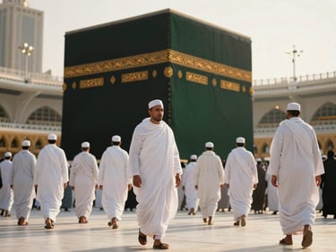 Serene pilgrims in white Ihram walking near the holy Kaaba in Mecca, soft golden-hour light, cinematic atmosphere