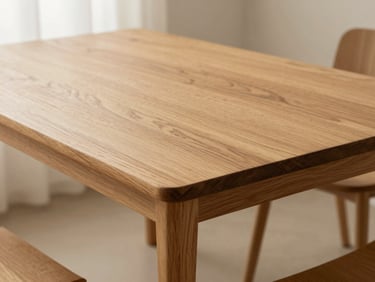 A minimalist solid wood dining table corner showing clean interlocking joints, warm natural wood texture