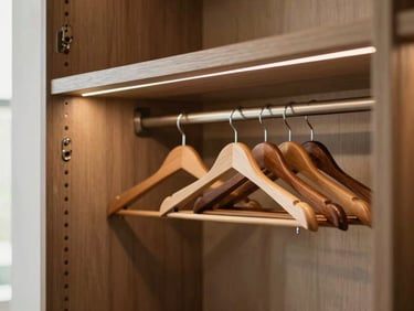 Elegant wardrobe interior showing custom shelving, integrated warm LED lighting, and polished wood hangers