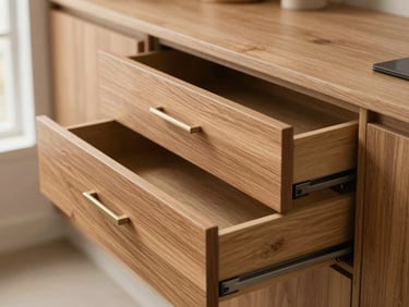 Detail of modern kitchen drawers with integrated soft-close channels, warm wood grain finish, clean minimalist hardware