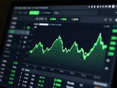 A close-up macro shot of a dark UI dashboard showing trading analytics, sleek metrics, neon green line charts, high-contrast digital interface, 35mm