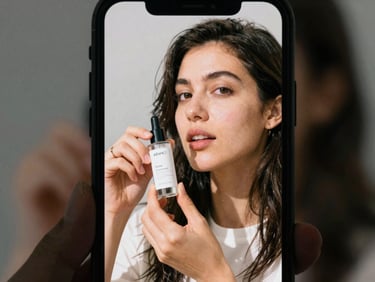 Vertical phone screen crop of a lifestyle creator showcasing a product naturally, candid action shot, high-contrast natural light, saturated modern tones.