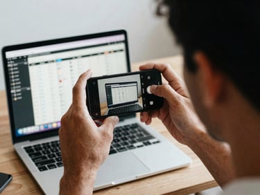 Behind-the-scenes shot of a creator setting up a phone camera for a shoot, with a laptop displaying a campaign schedule in the background, candid, high-contrast natural light.