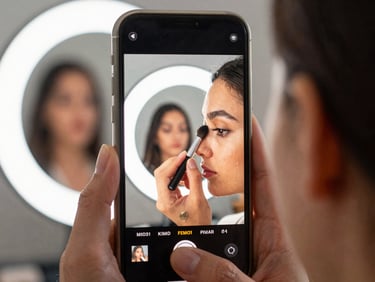Vertical phone screen crop of a beauty creator applying makeup, close-up, ring-light reflection visible, dynamic crop, vibrant editorial photography.
