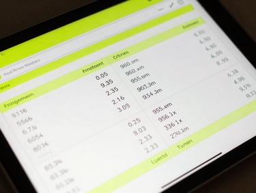 Close-up of a digital interface on a tablet showing real-time engagement metrics and conversion data, vibrant neon-lime accents on the screen, high-contrast lighting.