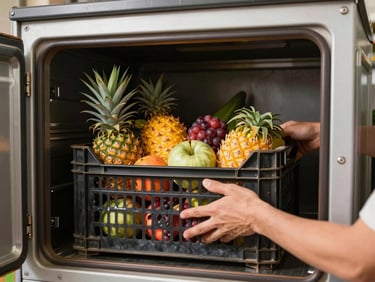 Close-up of a delivery crate being opened at a restaurant kitchen loading bay, hands lifting produce, interior of crate showing layered tropical fruit with no packaging middleman branding, natural morning light