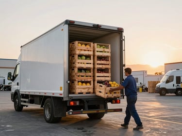 Wide shot of a refrigerated transport van being loaded with wooden crates at dawn in an Almería facility, golden pre-dawn light, workers in motion, crate interiors with tropical fruit visible
