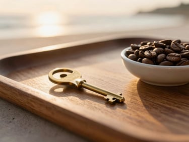 Close-up of curated guest amenities on a wooden tray, a brass key, fresh local coffee beans in a small bowl, soft golden hour light