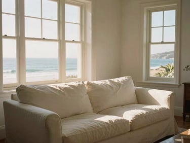 Crisp coastal interior of a historic living room, warm morning light streaming through tall windows, white linen sofa, soft shadows