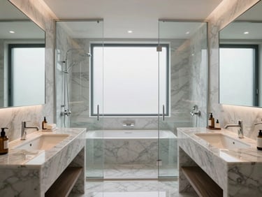 Symmetrical, wide-angle architectural shot of a minimalist luxury bathroom, polished marble vanity, streak-free glass shower screen, bright natural daylight diffusing through a frosted window.