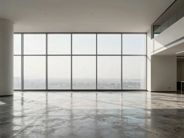 Symmetrical architectural view of a pristine, minimalist office lobby post-cleaning, polished concrete floor reflecting soft diffused daylight from floor-to-ceiling windows.
