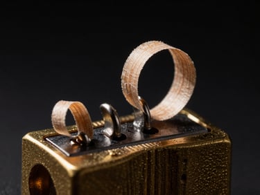 Close-up of a brass pencil sharpener with a thin, perfect spiral of cedar wood shaving curling out, high-contrast side-lighting