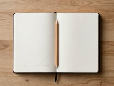 Overhead minimalist desk view with an open notebook showing clean hand-drawn sketches, a single pencil resting in the middle crease, soft morning light