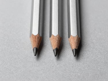 Macro shot of three pencil tips of varying grades (2B, HB, 2H) aligned on textured grey paper, showing subtle differences in texture