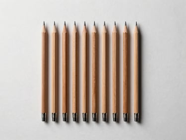 Overhead minimalist desk shot, several technical pencils arranged in a perfect geometric grid on a blueprint drawing, warm cedar tones, sharp studio lighting, high contrast.