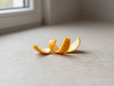 Sharp focus on crushed citrus peels and water droplets on a clean sand-colored stone, soft natural lighting, editorial style.