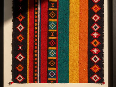 Close-up of a framed textile art piece displaying rich diasporic threads, warm golden-hour light, detailed textures, 35mm