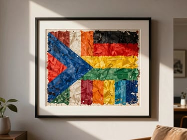 Framed contemporary mixed-media artwork hanging in a modern, culturally rich living space, warm sunlight.