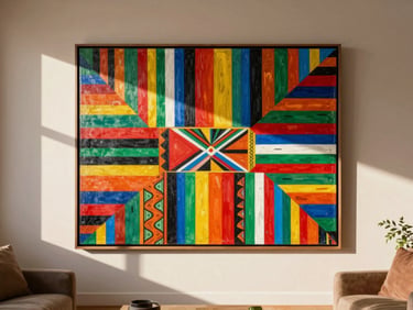 Straight-on view of a large framed vibrant diaspora painting on a warm living room wall, high-contrast natural sunlight, 35mm
