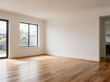 A bright, naturally lit modern Perth living room with immaculate finishes, clean plaster walls, and spotless timber floorboards